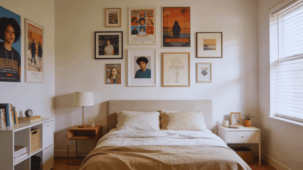 teen boy bedroom ideas with gallery wall posters simple bed neutral tones and clean layout