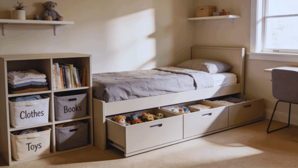 teen boy bedroom ideas with storage bed drawers shelves organized bins and clean minimal layout