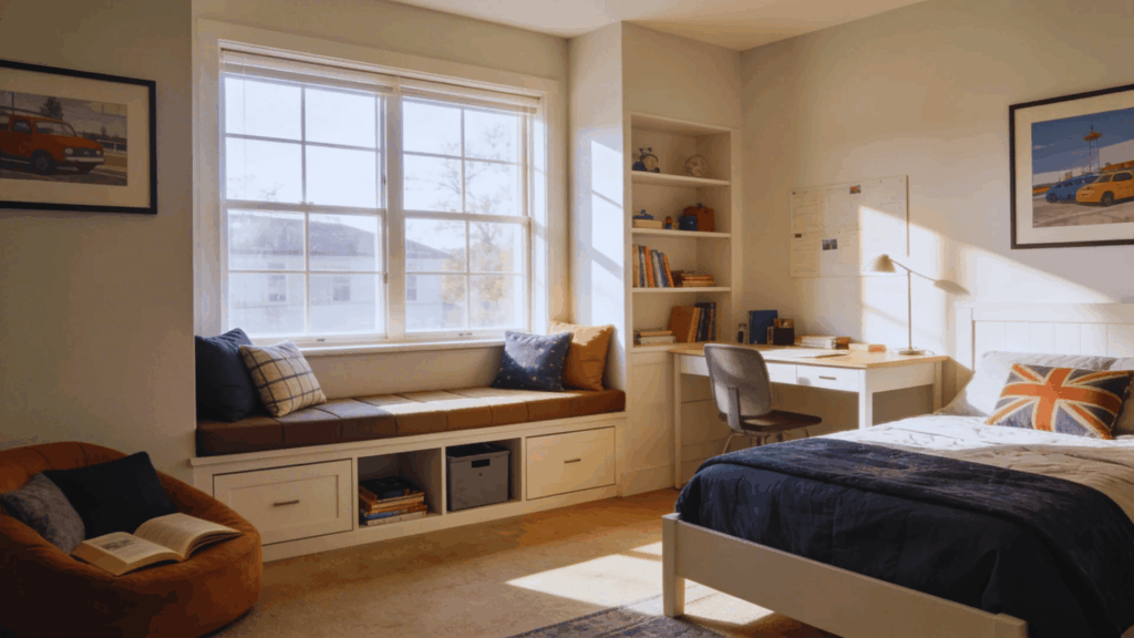 teen boy bedroom with window seat storage bench desk and natural light clean layout