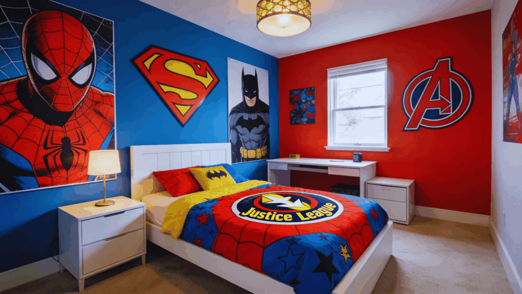 teen superhero bedroom with spiderman batman posters justice league bedding and red blue walls