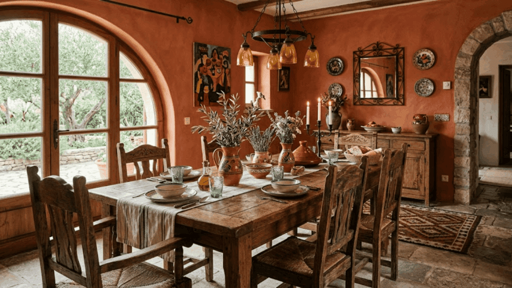 terracotta dining room with rustic wooden table earthy decor and warm lighting creating a cozy inviting space