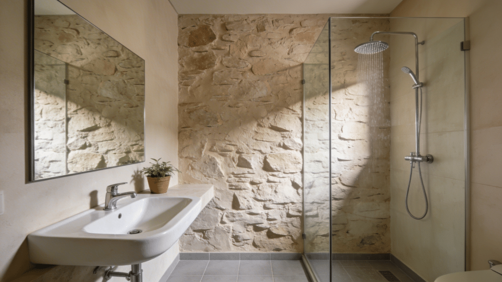 textured wall bathroom with natural stone surface adding depth character and tactile visual