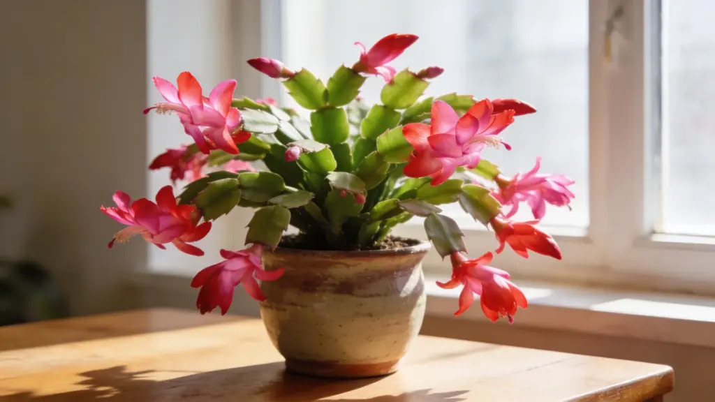 thanksgiving cactus with pink blooms in a ceramic pot on a sunlit table near a bright window