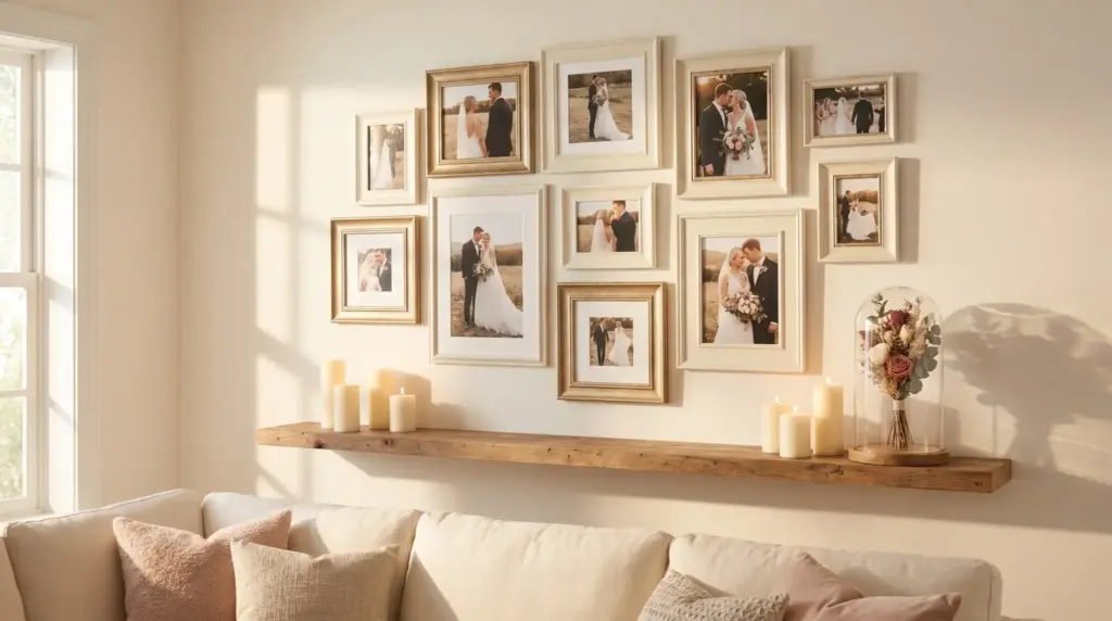 Wedding photo collage and candles on floating wooden shelf above cream sofa in cozy living room