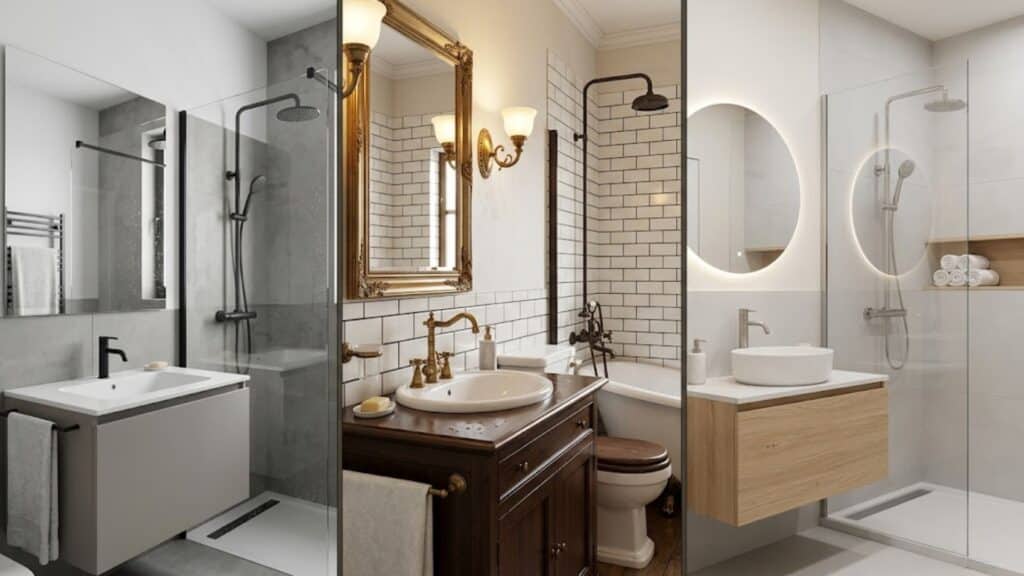three section bathroom collage showing modern classic and minimal styles with different metal finishes and balanced design