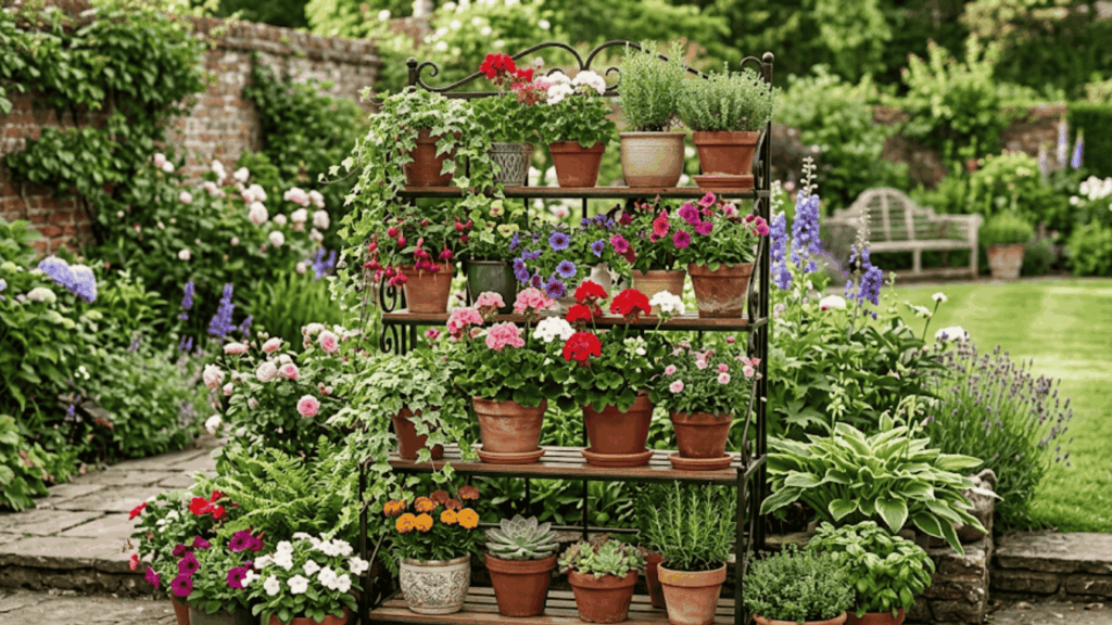 tiered plant stand garden with multiple potted flowers and herbs arranged on shelves in a backyard setting