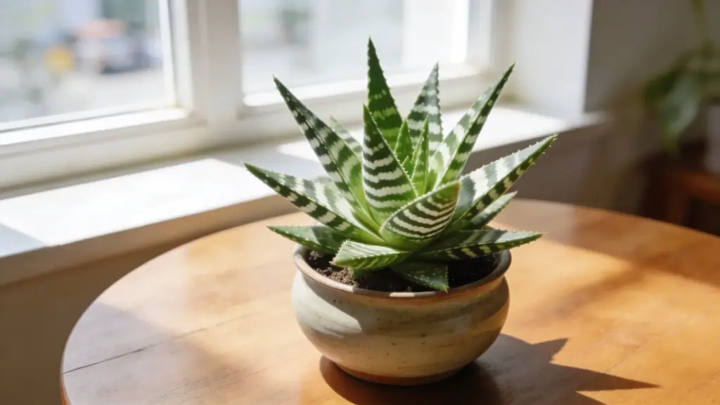 tiger aloe plant in a ceramic pot on a wooden table near a sunny window, showing striped green leaves with white markings