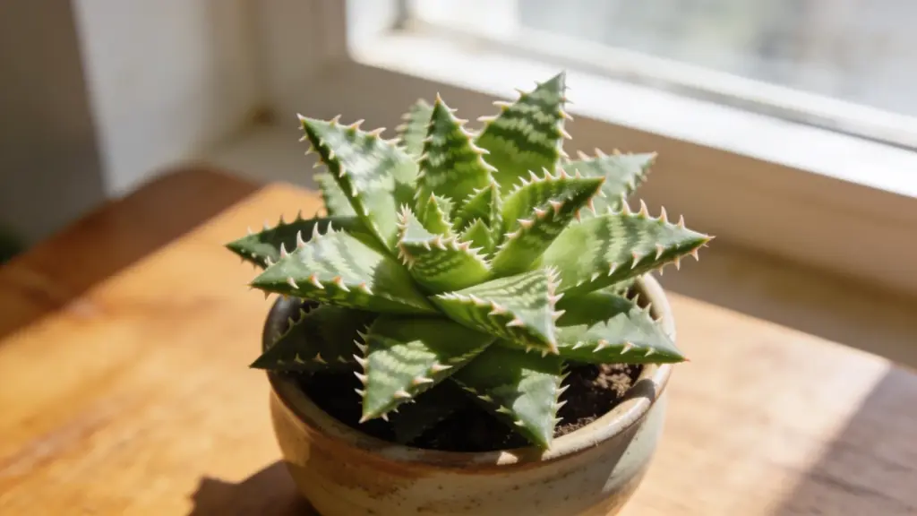 tiger jaws succulent with spiky triangular green leaves and tooth-like edges in a small ceramic pot on a sunlit wooden table near a window