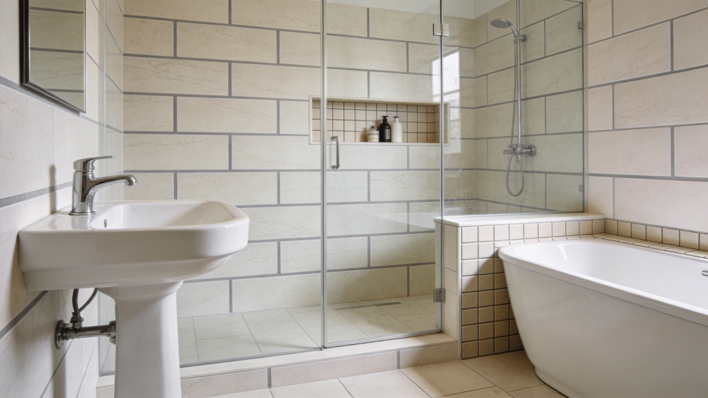 tile pattern feature bathroom design with textured wall tiles glass shower