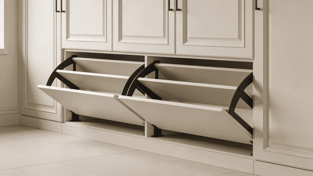 tilt out cabinet drawers designed for shoe storage creating hidden organized entryway solution