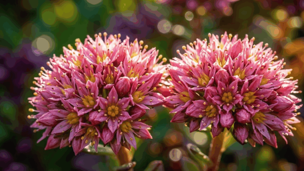 tiny pink clustered flowers shining with dew in soft dreamy background
