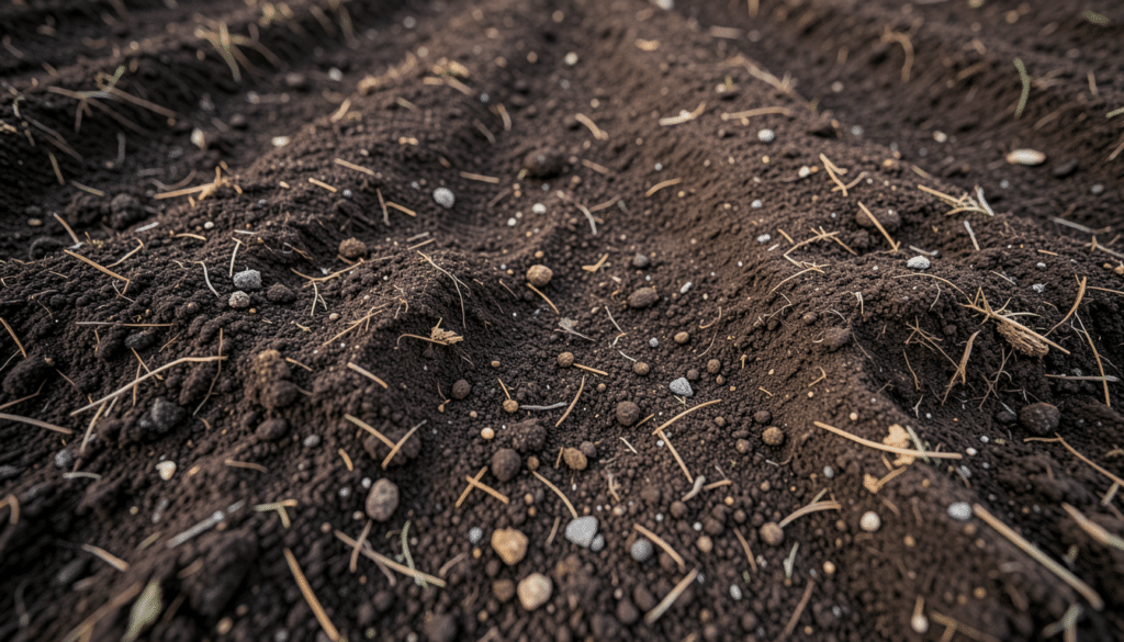 top soil vs garden soil comparison showing dark loose soil with small stones and organic debris in textured garden bed