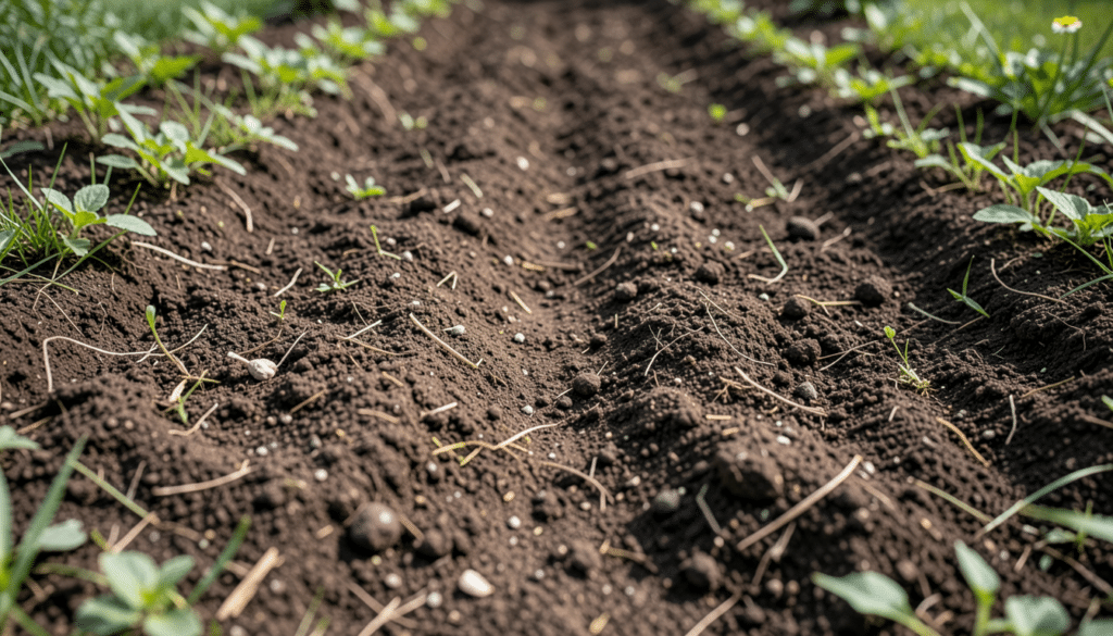 top soil vs garden soil comparison showing neat garden rows with dark soil small sprouts and scattered organic matter in sunlight