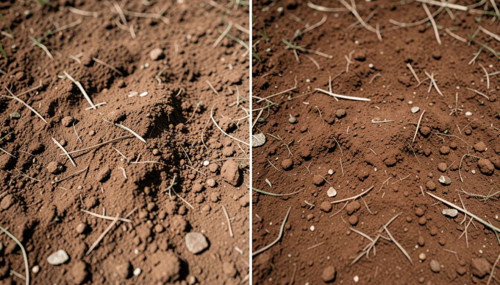 top soil vs garden soil comparison showing side by side light dry soil and dark rich soil with clumps and small plant debris