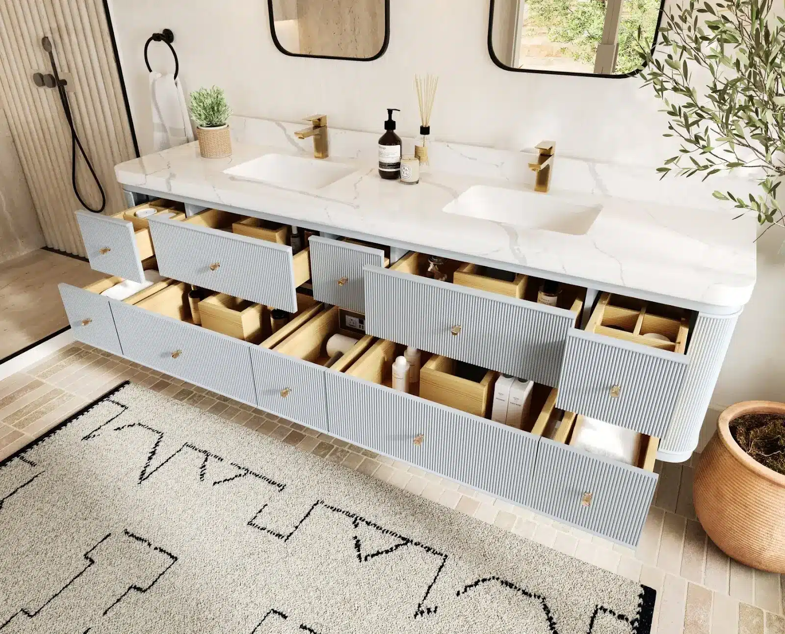 Bathroom vanity with open drawers, marble countertop, gold fixtures, and potted plant in modern setting