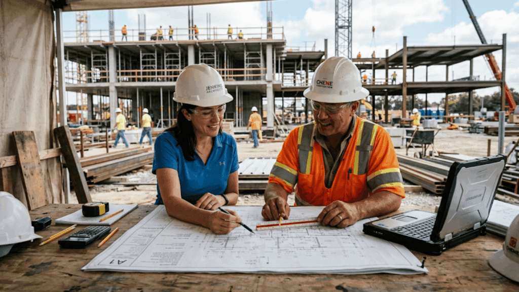 two construction workers review building plans at active construction site