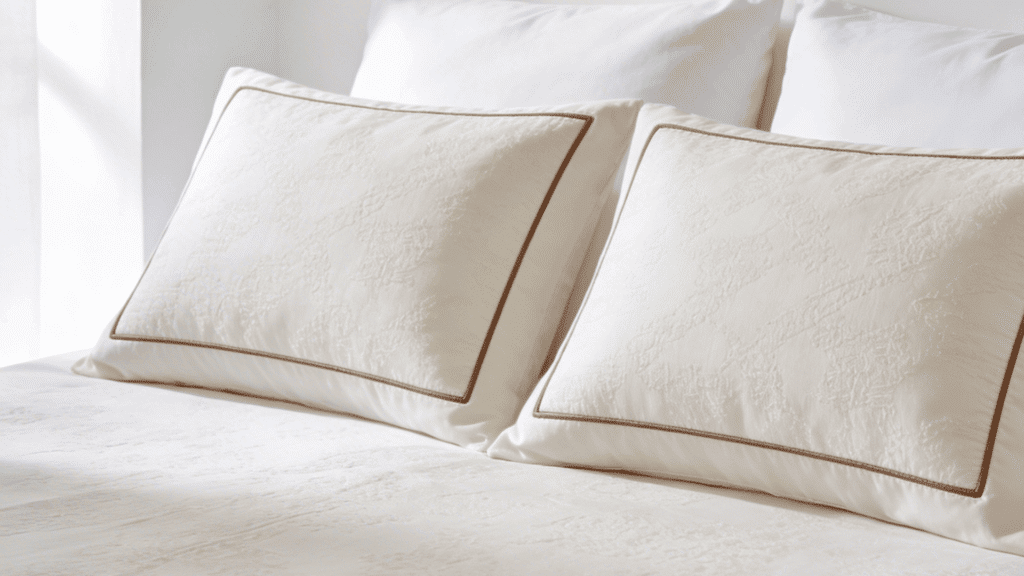 two decorative pillow shams with textured fabric and trim placed in front of white sleeping pillows on a bed