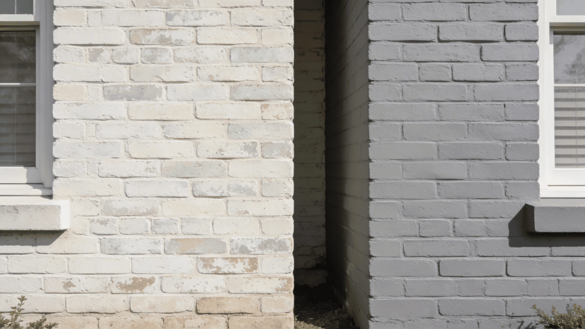 two exterior brick walls painted different colors with narrow passage between house structures