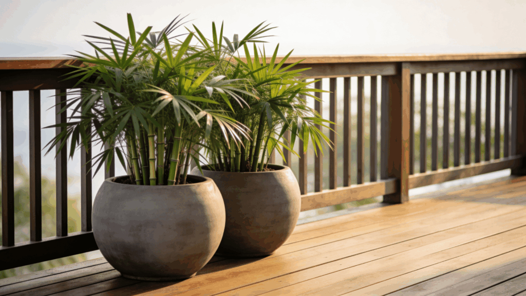two potted palm plants on wooden deck near railing in sunlight with soft shadows and outdoor view