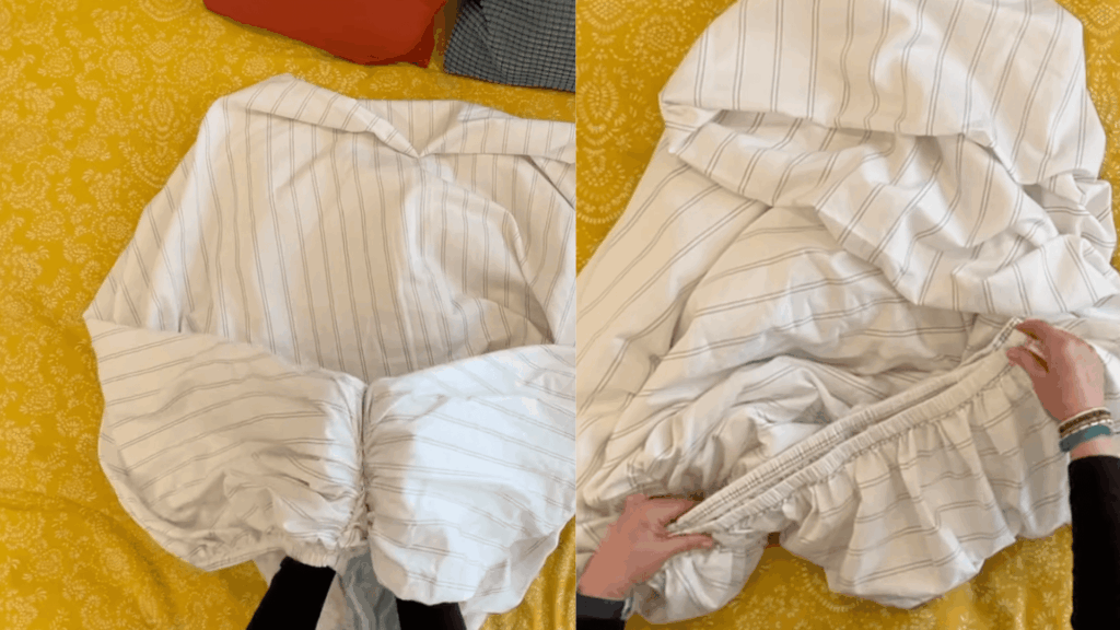 two step view of fitted sheet folding showing corners aligned and elastic edges being tucked together on bed