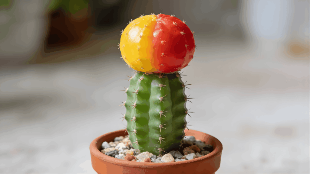 types of cactus with colorful red and yellow top grafted on green base in small pot with pebbles close up