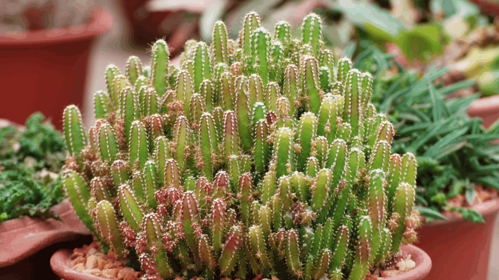 types of cactus with dense cluster of small upright green stems covered in tiny spines growing in round pot close up