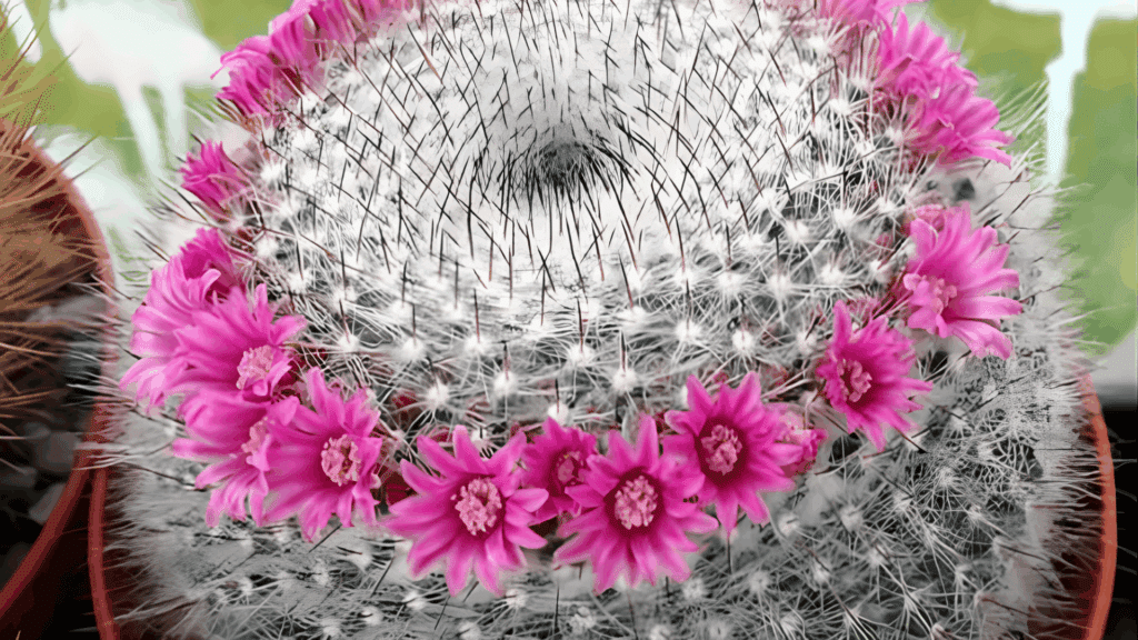 types of cactus with dense white spines forming round cluster and bright pink flowers circling top in close up view