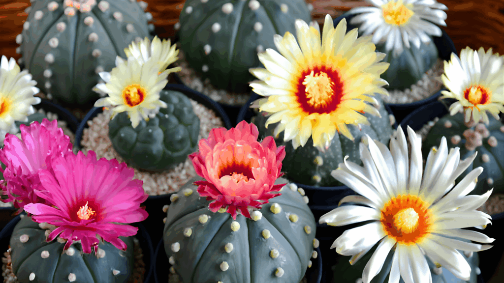 types of cactus with round green bodies and colorful blooming flowers in small pots arranged closely together indoors