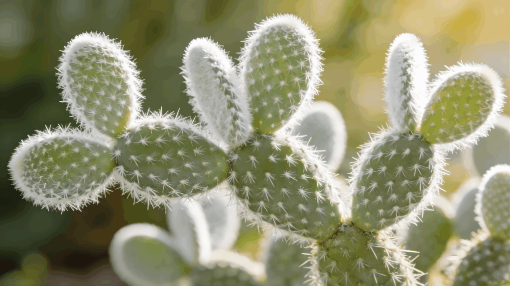 types of cactus with soft white spines growing on green pads in warm sunlight close up desert plant