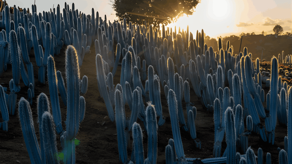 types of cactus with tall slender blue green columns growing densely on hillside at sunset with tree silhouette in background