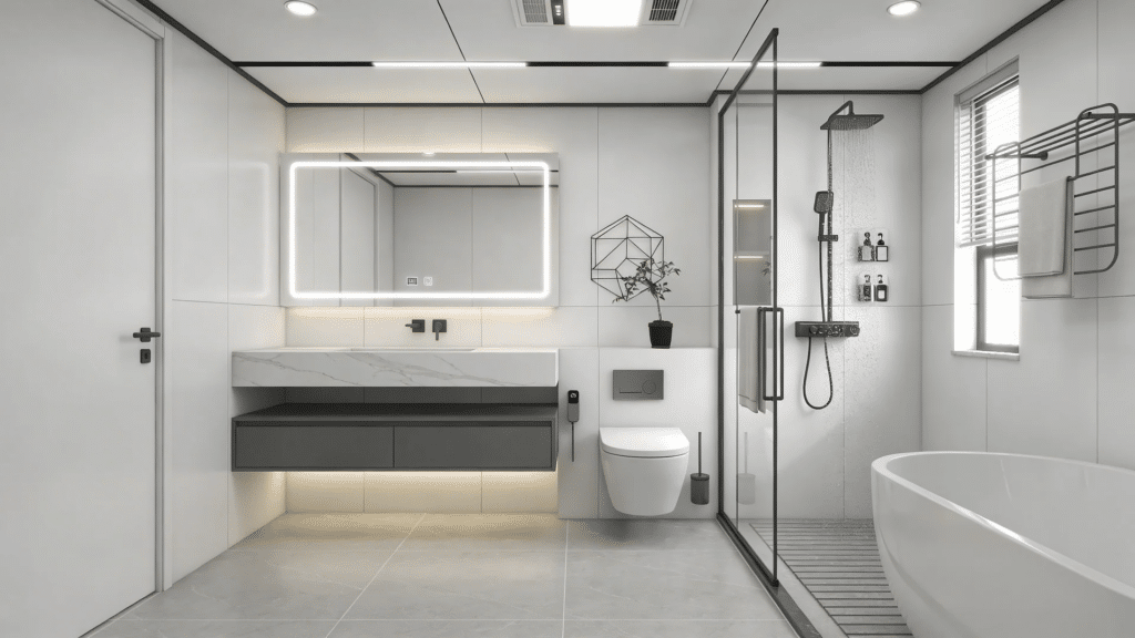 ultra modern sleek bathroom with clean lines minimal decor and polished surfaces