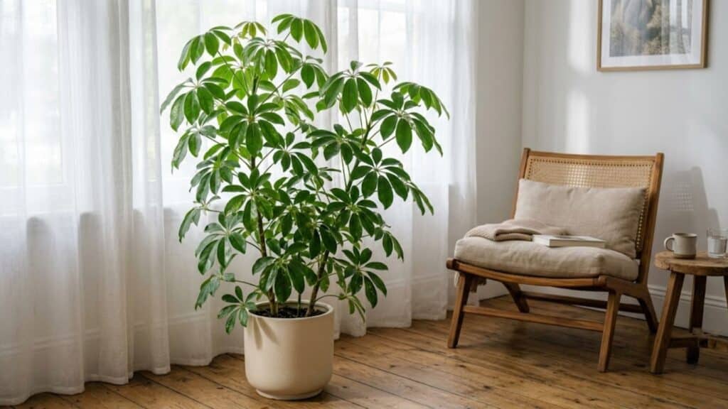umbrella plant with clustered leaves in indoor space creating full and lively plant look