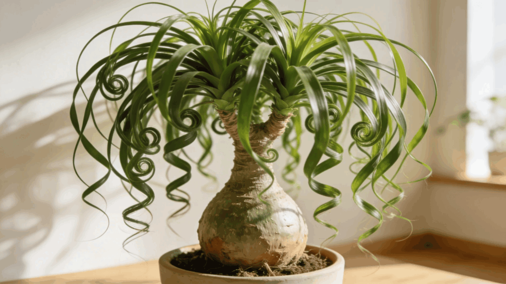unique indoor plant with curled green leaves growing from bulb in small pot on table