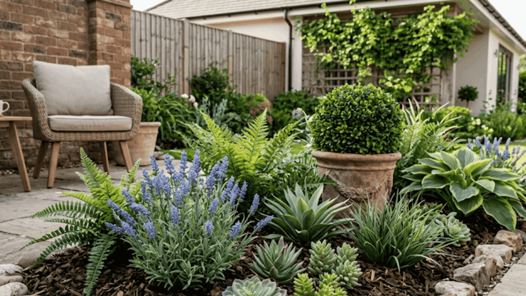 use artificial plants for decor areas in low maintenance landscaping with neat garden bed patio seating and simple green plants