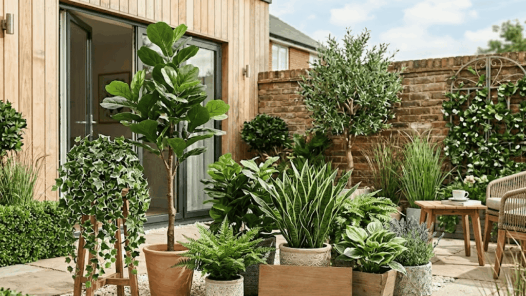 use artificial plants for decor areas to reduce watering and maintenance in landscaping