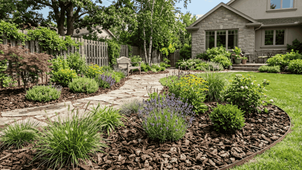 use bark or wood chips for low maintenance landscaping with mulch covering soil to reduce weeds and keep garden neat
