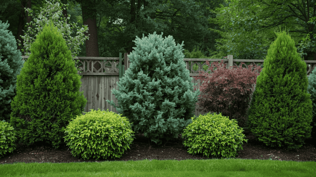 use evergreen shrubs for low maintenance landscaping with green plants that stay fresh all year in a simple yard