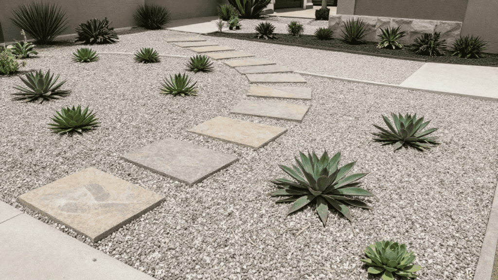 use gravel instead of grass for low maintenance landscaping with stone path and small plants in yard