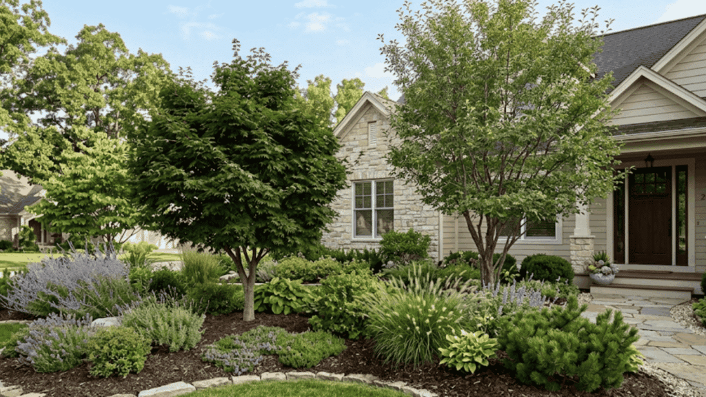 use low maintenance trees for low maintenance landscaping with simple trees and plants in a clean easy care front yard
