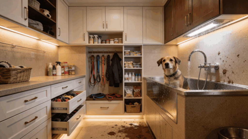 utility room with dog in wash sink shelves drawers and pet supplies creating organized pet care station