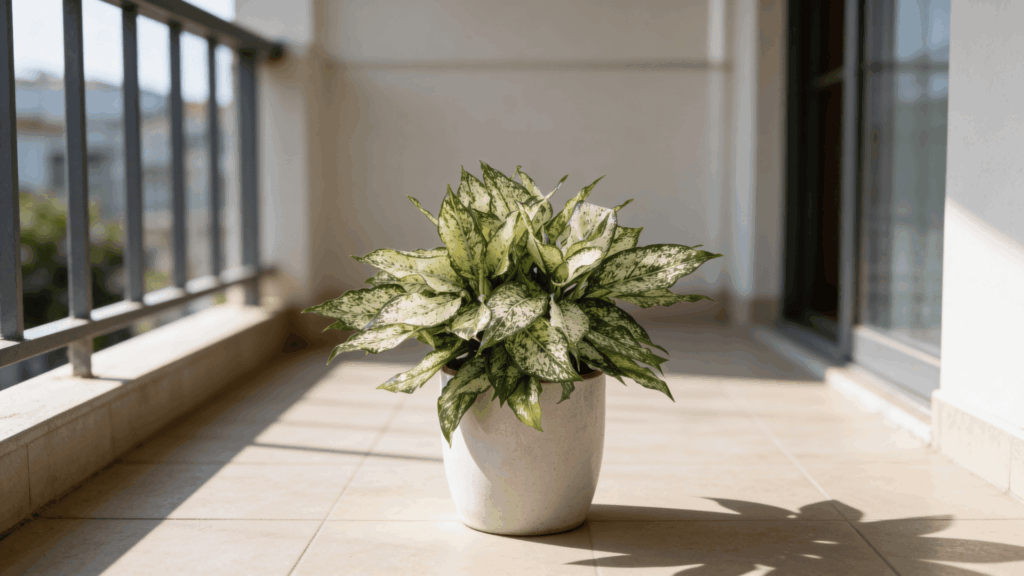 variegated green plant in a white pot placed on a sunlit tiled balcony with railing and soft shadows