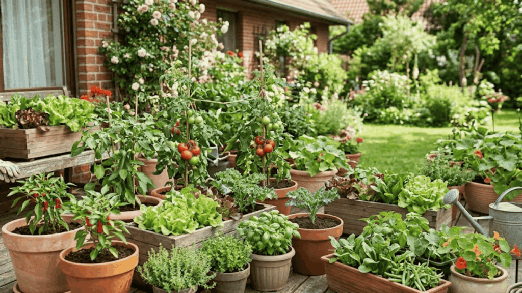 vegetable container garden with fresh plants growing in pots on a wooden deck near a backyard garden