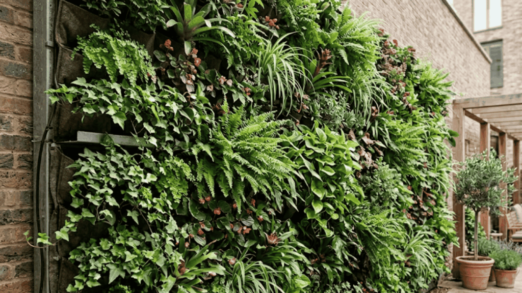 vertical wall garden with lush green plants growing on a brick wall in an outdoor patio space