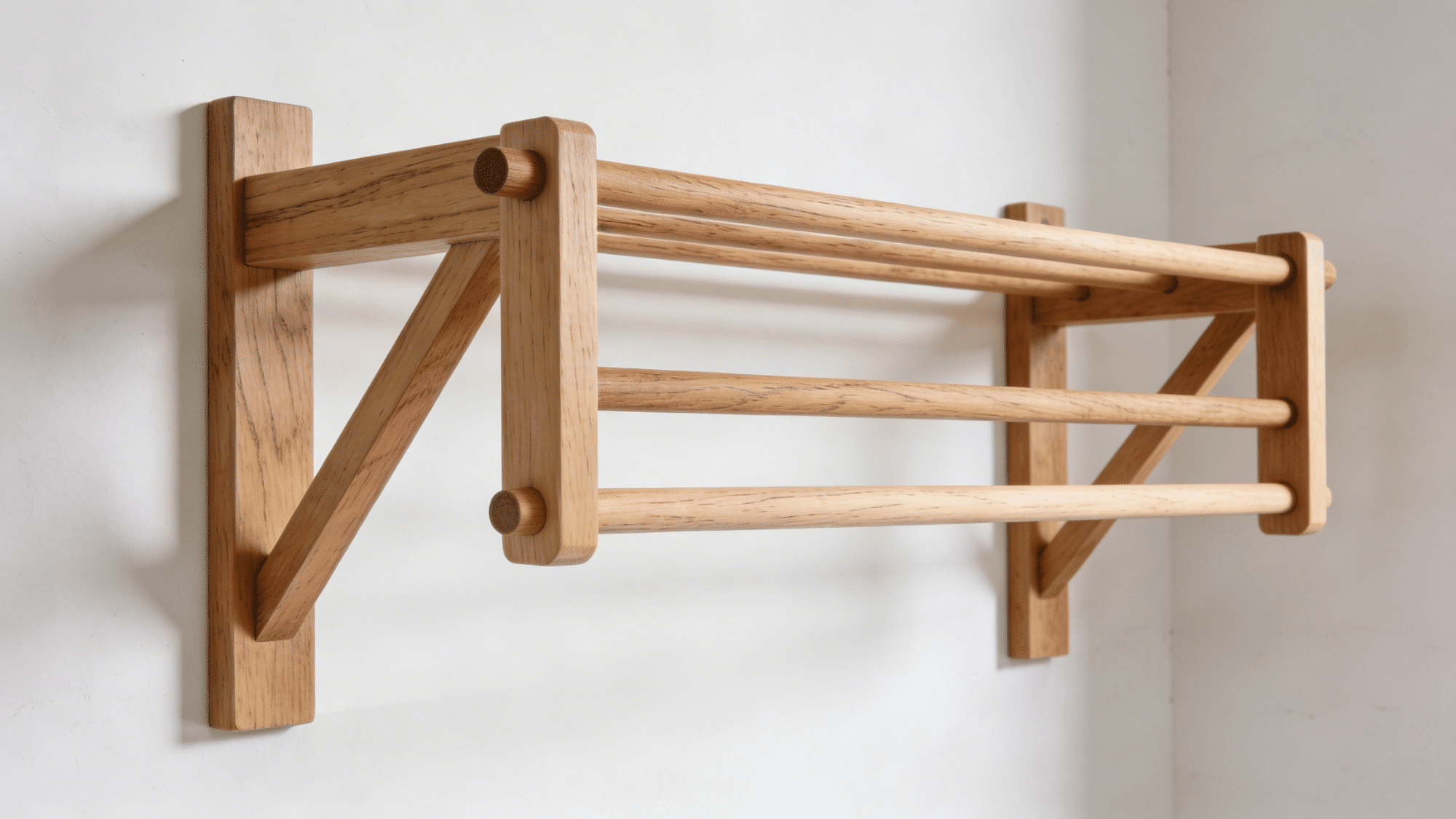 wall mounted diy clothes rack made with wooden bars and supports for hanging clothes and saving space