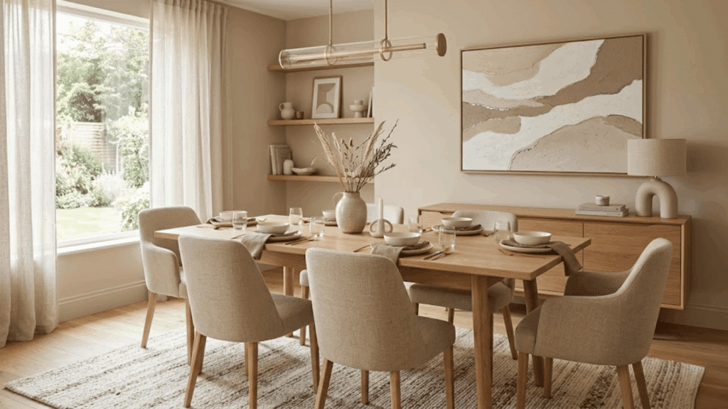 warm dining room with wood table soft chairs and decor reflecting principles of interior design unity