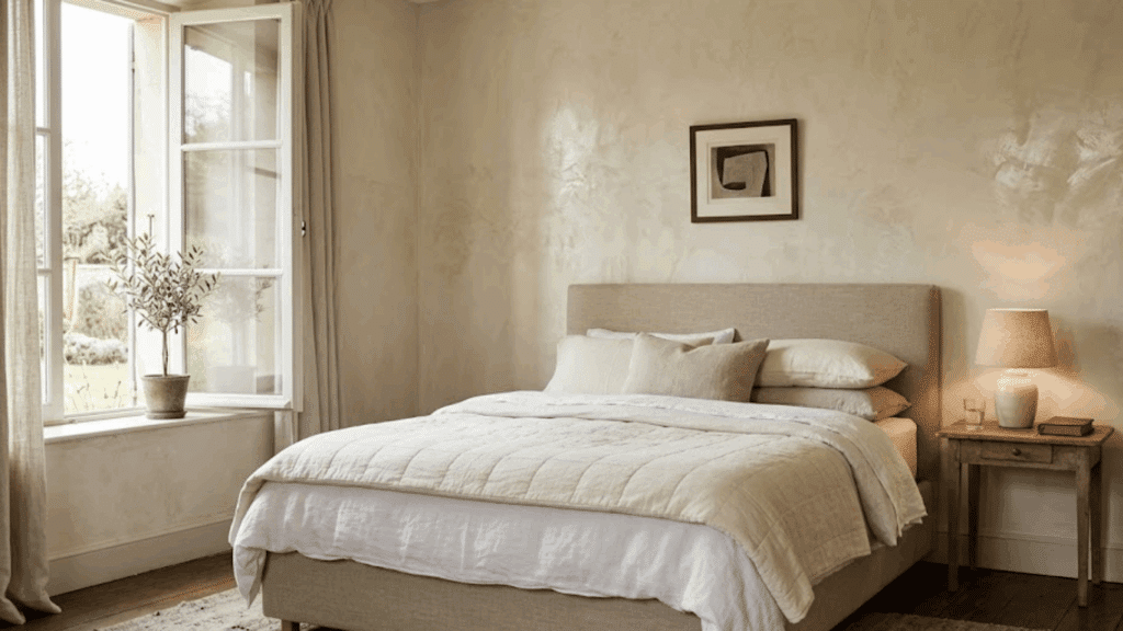 warm neutral bedroom with upholstered bed soft linens side table lamp and open window with light