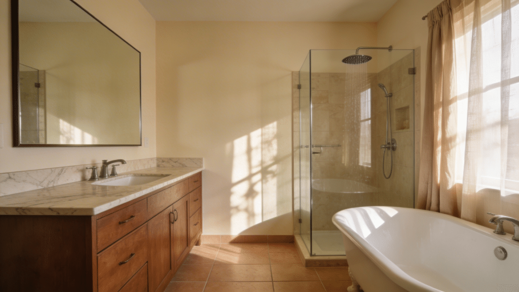 warm neutral tone bathroom with soft beige tiles wooden vanity and gentle sunlight