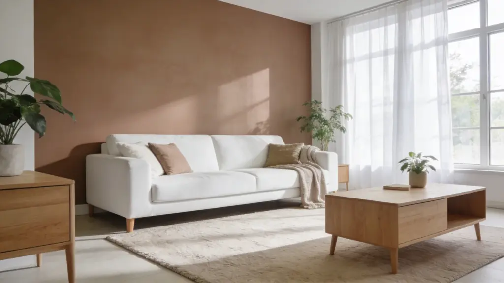 warm taupe and white living room with white sofa neutral rug wooden furniture soft textiles and bright natural light