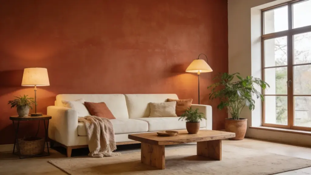 warm terracotta and cream living room with cozy sofa wooden table soft lighting indoor plants and natural light from window