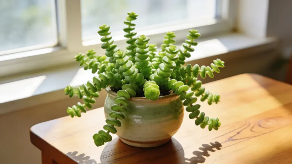 watch chain succulent with stacked green stems in a ceramic pot on a wooden table near a bright sunny window